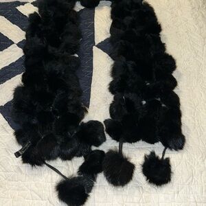 Black Rabbit fur pom pom scarf 6” x 48”